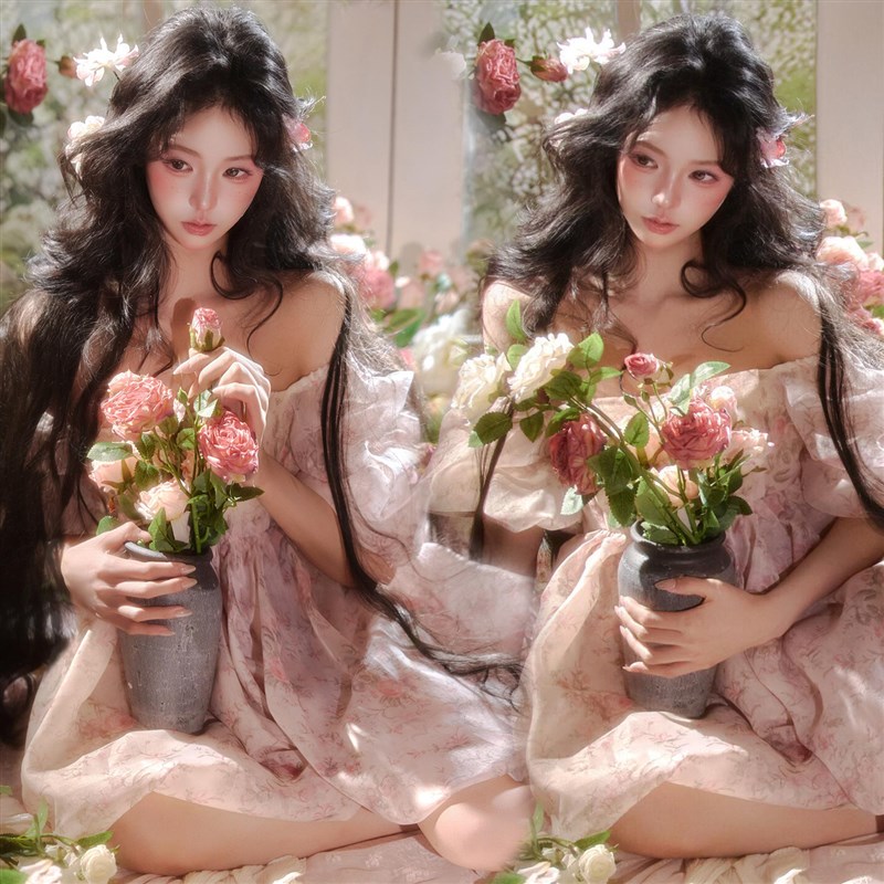 照相馆夏日写真新款粉色复古油画氛围法式少女洋装舞台照写真服装