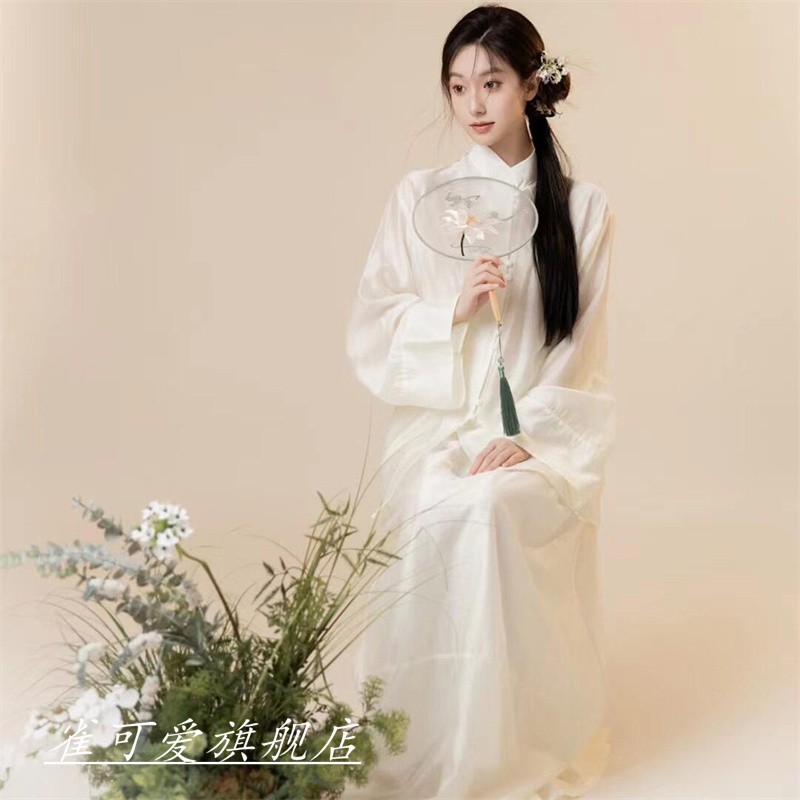 照相馆新款禅意新中式白色盘扣套装女复古写真摄影服装高级感图片