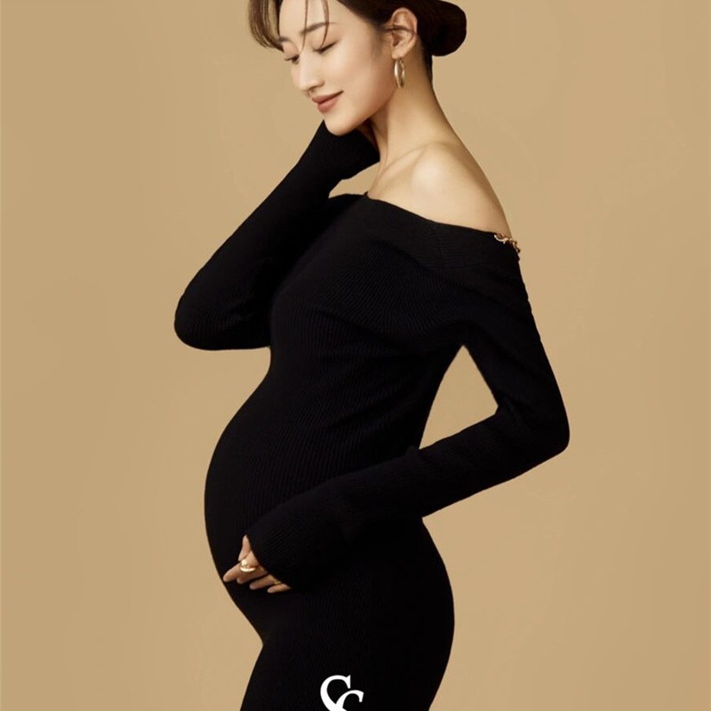 孕妇照片写真服装新款黑色针织显瘦连衣裙影楼孕妇装孕妇拍照服装