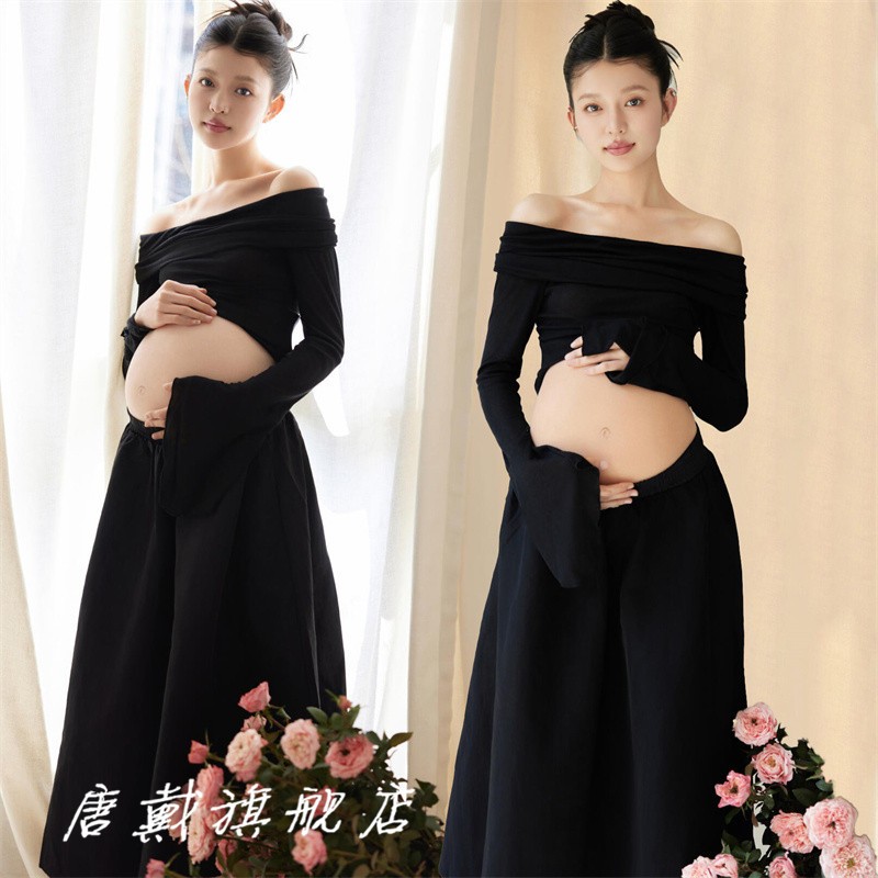 孕妇照室内拍摄服装 中式风格孕妇写真服 一字肩居家拍照服 黑色