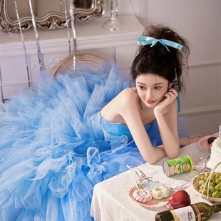 影楼主题蓝色抹胸婚纱甜美时尚 超仙公主风轻奢旅拍摄影婚纱蓬蓬裙