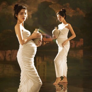 新款复古油画风主题孕妇照服装法式白色修身抹胸裙艺术照摄影套装