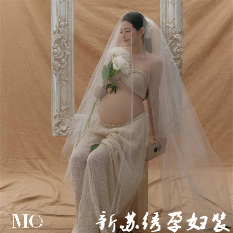 孕妇照服装影楼孕妈咪大肚拍照摄影法式复古高级感仙气棉麻裙套装