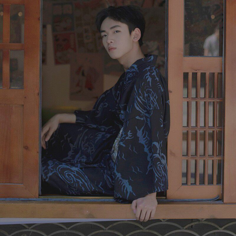 新品日式和服男传统男士和服蓝色霸气四季皆可穿浴袍浴衣拍照服装