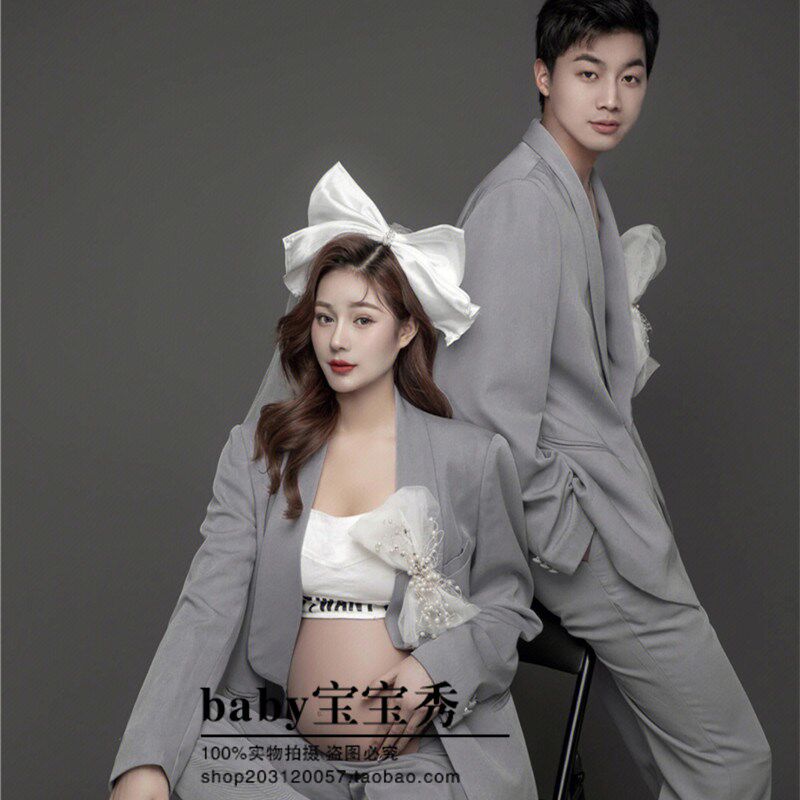 2024新款影楼孕妇情侣拍照摄影写真主题服装个性时尚休闲灰色西装