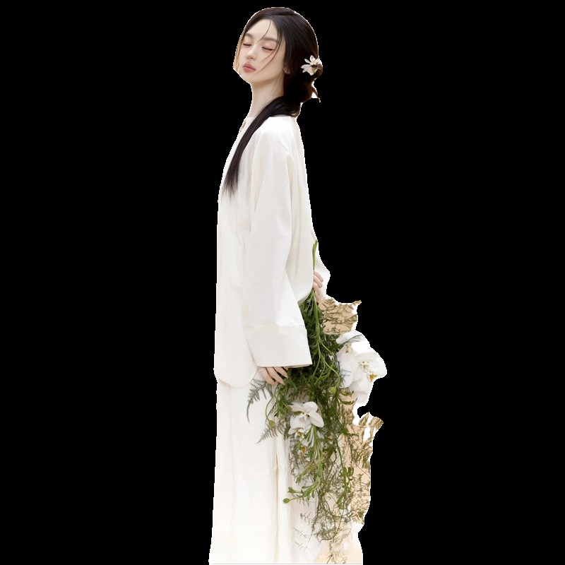 新中式茶服两件套高级感白色盘扣上衣 春装国风服装影楼款