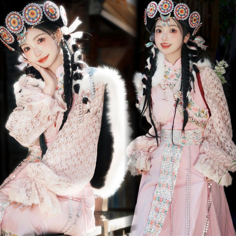 云南网红同款藏袍粉色藏族女民族风纳西族旅拍写真西藏拍照服装