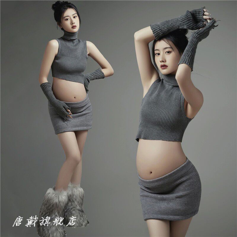 孕妈拍照影楼新款灰色针织套装温柔风孕妇照服装大肚艺术摄影写真