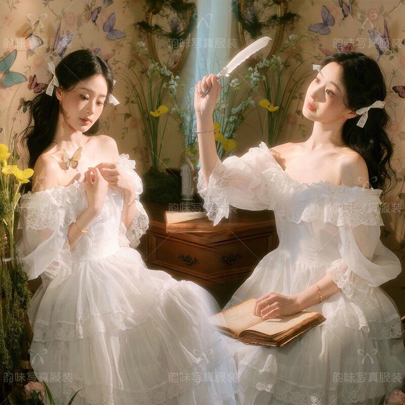 法式油画风少女连衣裙 影楼拍摄复古风格2024秋季新款服装