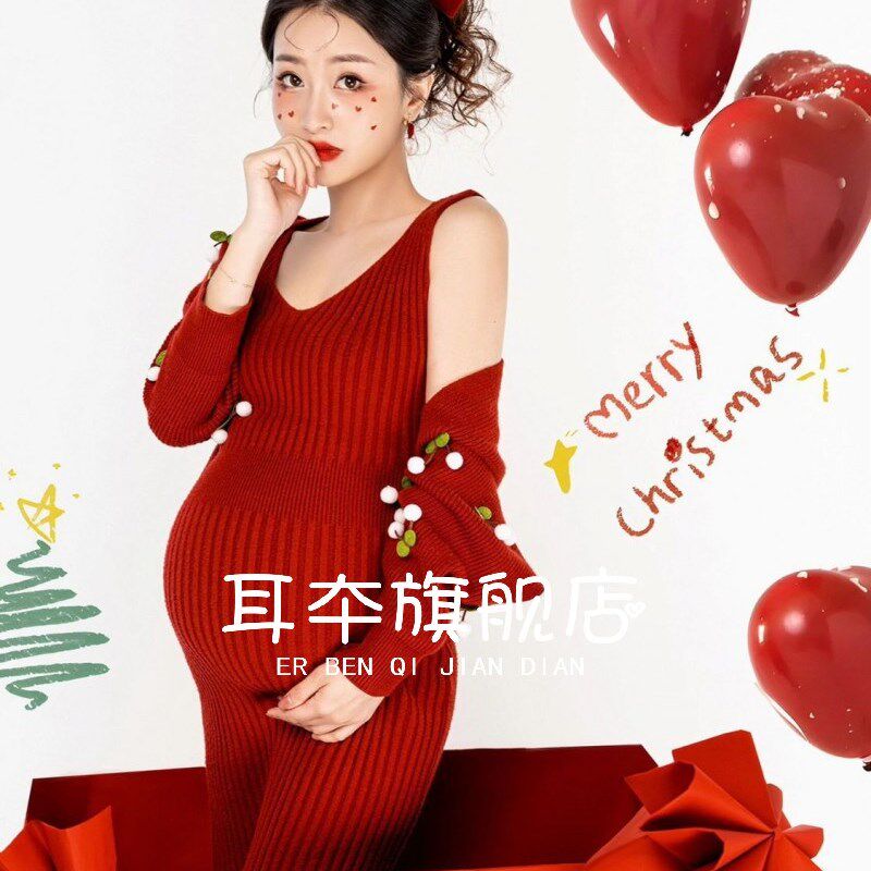 影楼新款圣诞主题新年红色孕妇拍照服装修身慵懒风在家拍摄影衣服