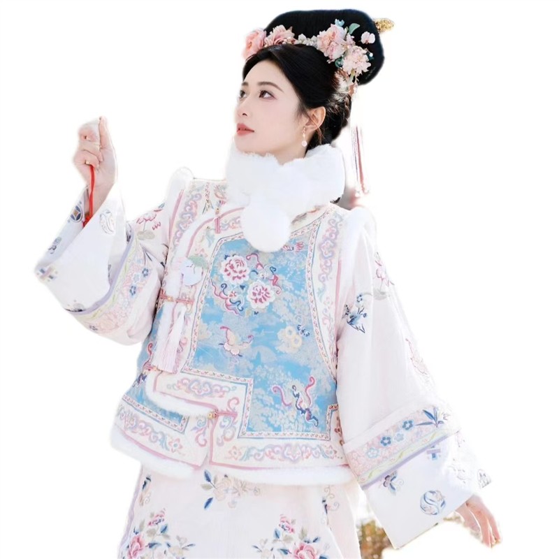 清代汉服女印花古装清朝延吉公主秋冬旗袍宫廷加厚格格服旅拍服装