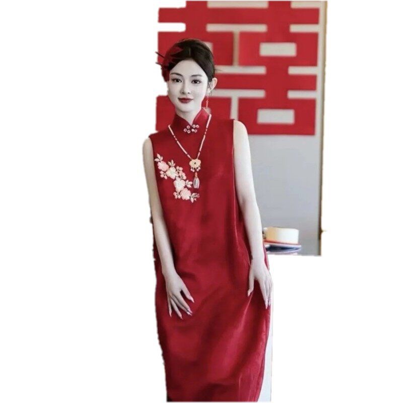 新中式晨袍女新娘订婚礼服高端国风改良无袖红色旗袍敬酒服连衣裙