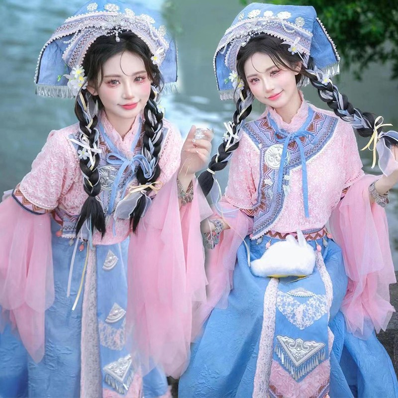 新款粉色壮族少女改良壮族服装女民族风广西云南旅拍写真摄影服饰