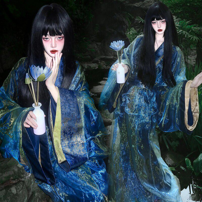 影楼新款古风战国袍汉服女蓝色妖姬超仙古装山鬼写真夜景摄影服装