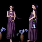 光泽感度假长裙 吊带连衣裙孕妇新款 影楼法式 高级紫色飘带V领无袖