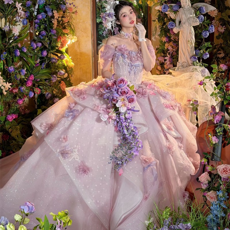 影楼拍照主题服装梦幻仙女一字肩彩纱粉紫色花朵婚纱重工拖尾礼服