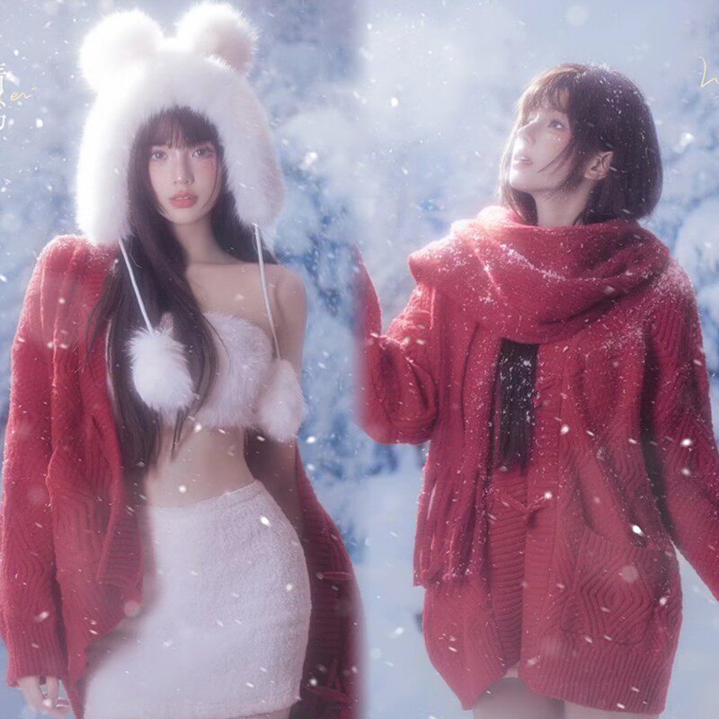 秋冬影楼圣诞节雪景拍照主题慵懒氛围感红色毛衣少女新年摄影服装