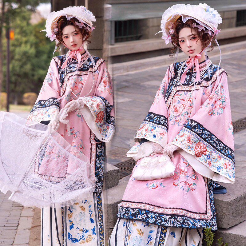 清朝格格服装女装贵妃旗装重工印花袍子氅衣宫廷汉服写真拍照衣服