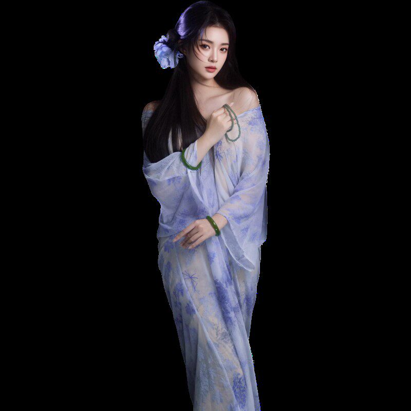 新款影楼新中式禅意风蓝色晕染连衣裙女氛围感写真艺术照摄影服装