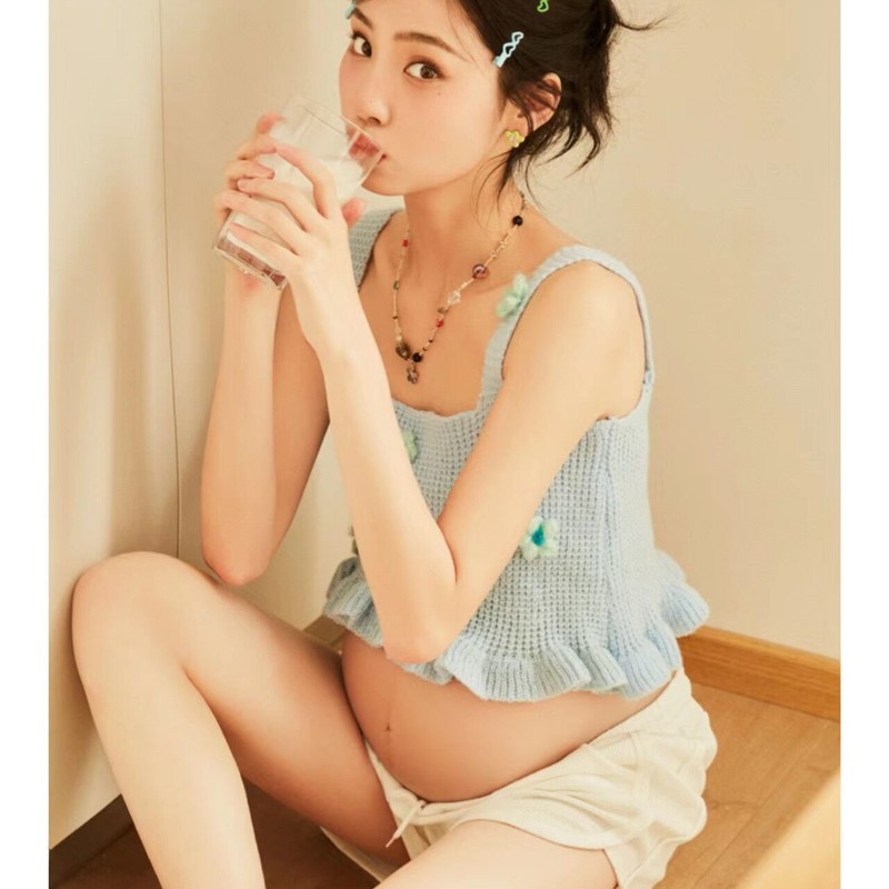 新款影楼孕妇室内拍照新款甜美小清新蓝色吊带套装孕妈咪拍照服装
