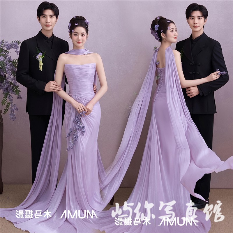 影楼新款情侣主题中式婚纱照紫色园林小众礼服肖像晨袍摄影拍照服