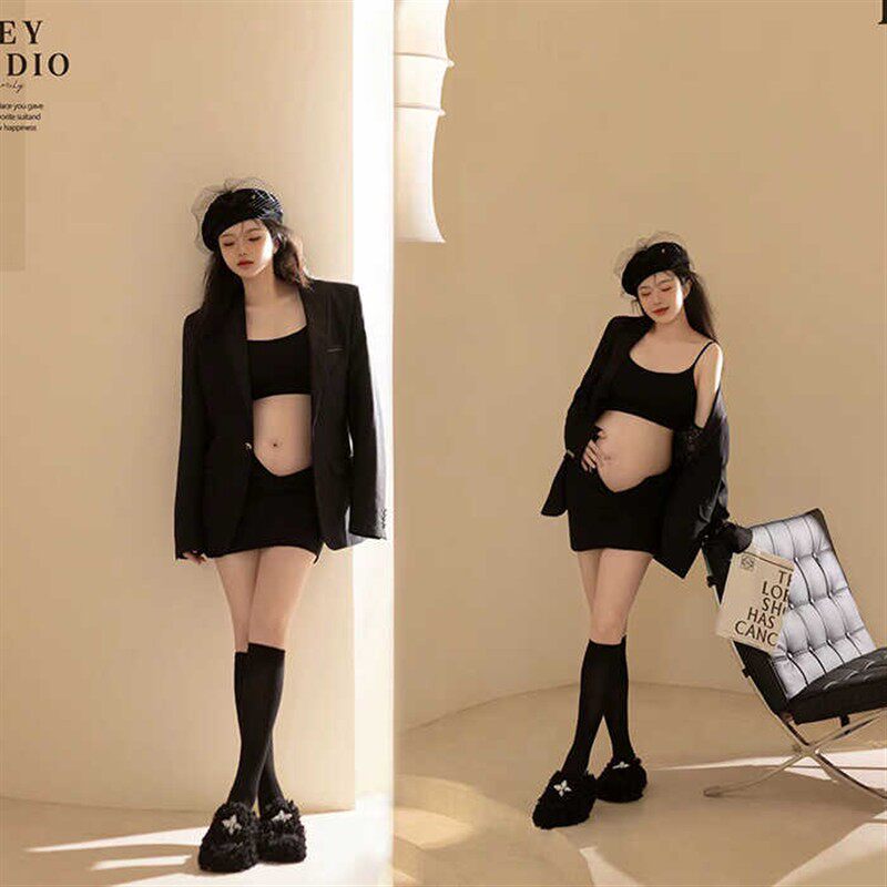 影楼孕妇主题拍照服装新款高级感黑色情侣套装孕妈咪艺术照摄影服