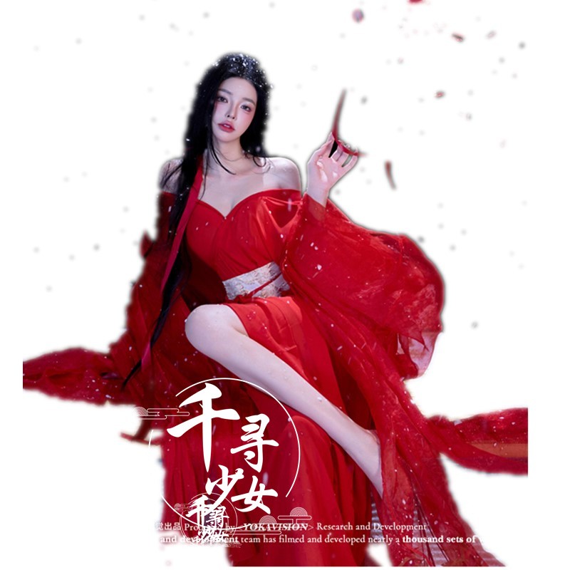 照相馆拍照红色古装汉服女魏晋风流仙裙纯欲风少女艺术照写真摄影