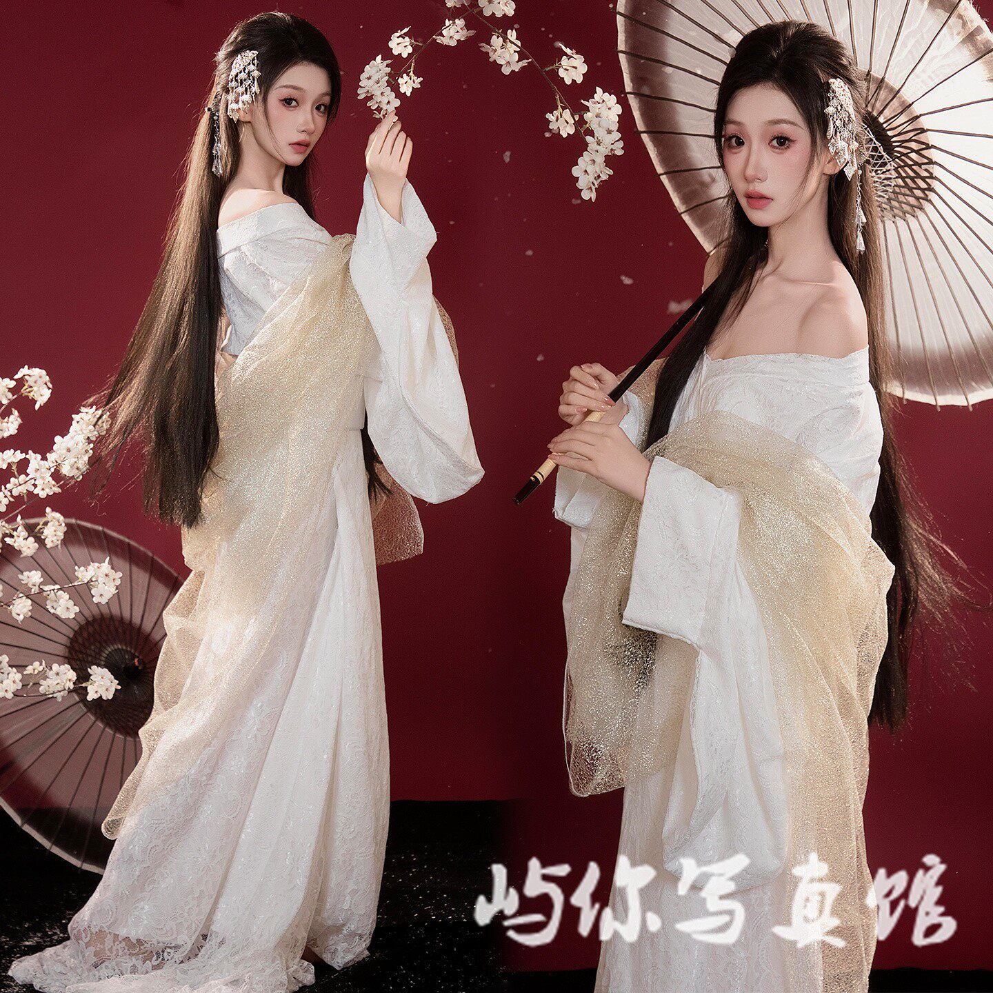 影楼新款古风复古宫廷风白色汉服女高级蕾丝战国袍拖地裙拍照服装