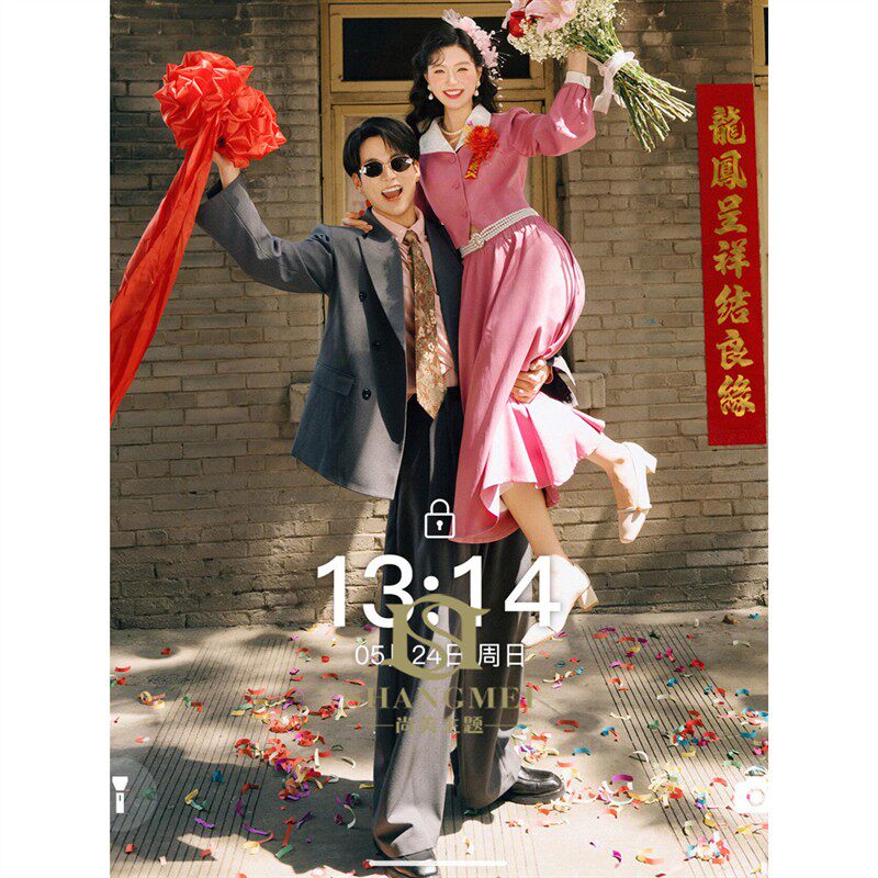 影楼展会新款年代感复古风喜嫁喜庆幸福感婚纱照订婚电影感礼服