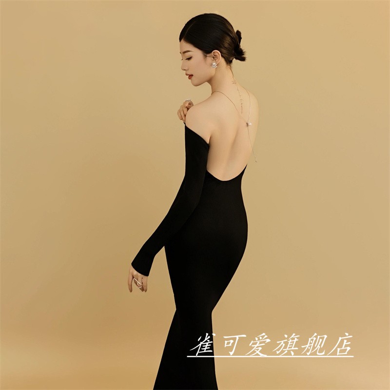 影楼写真主题服装新款时尚黑色漏背连衣裙修身显瘦少女艺术照服装