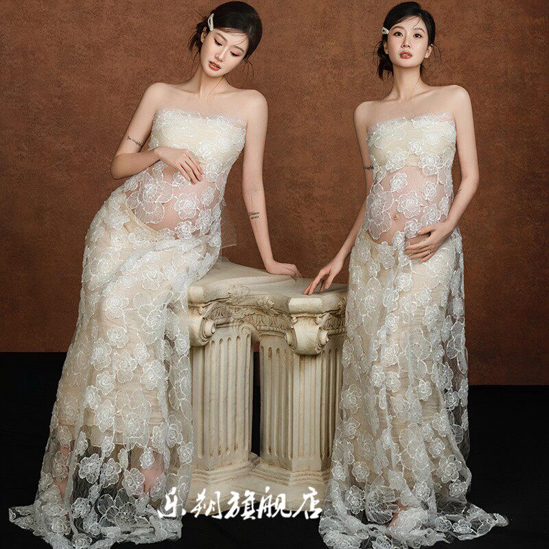 孕妇照服装影楼新款法式高级感蕾丝抹胸裙温柔风孕妈咪大肚照写真