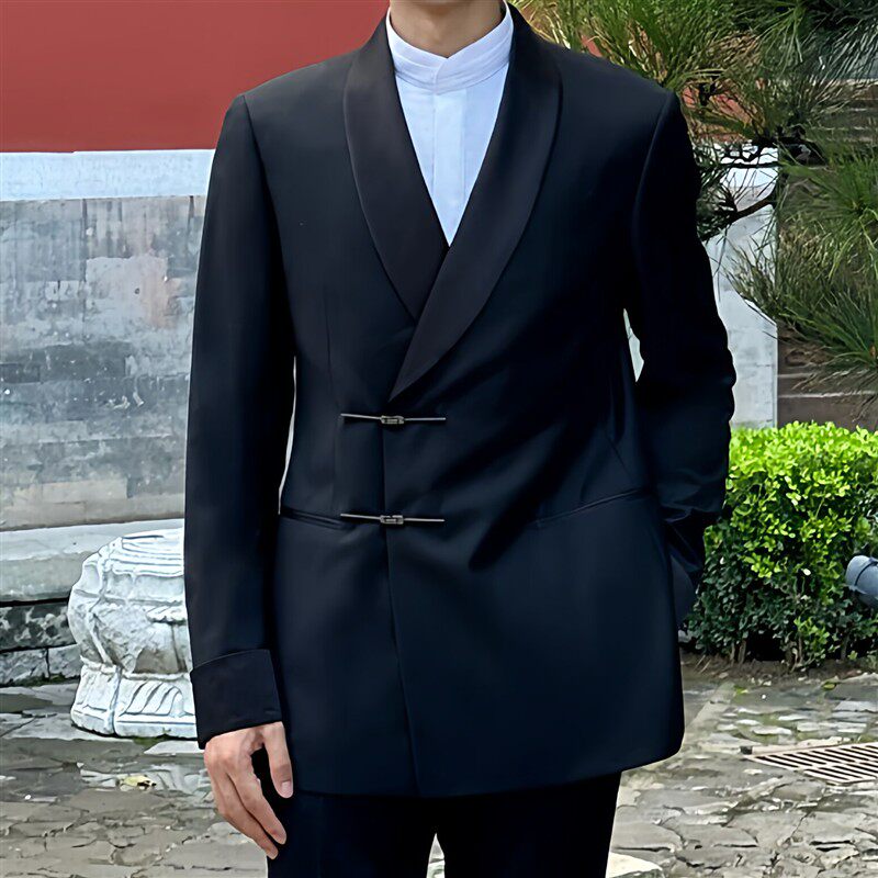 照相馆主题西服盘扣复古礼服青果领男新中式婚纱拍照中国风黑色西
