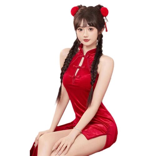 影楼主题新年复古红色旗袍个人写真拍照服装少女春节艺术照摄影服