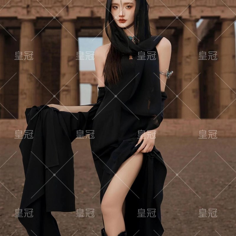 新款沙漠敦煌飞天黑色鬼刀风铃北漠公主异域风情旅拍摄影写真装