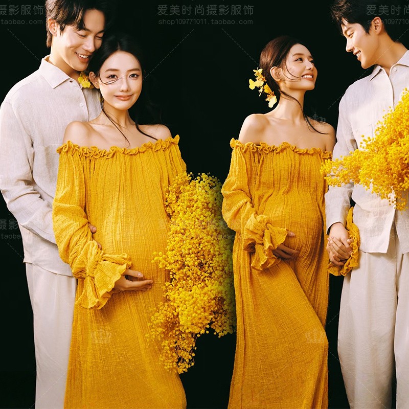 影楼孕妇主题服装黄色一字肩长袖孕妇装高级感气质艺术照写真服饰