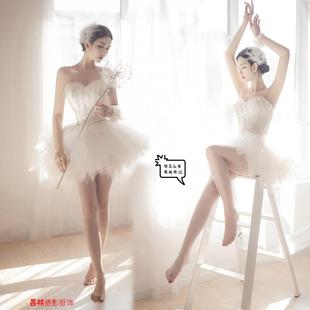 森系性感唯美芭蕾公主羽毛短裙礼服女艺术照写真摄影婚纱 2022新款