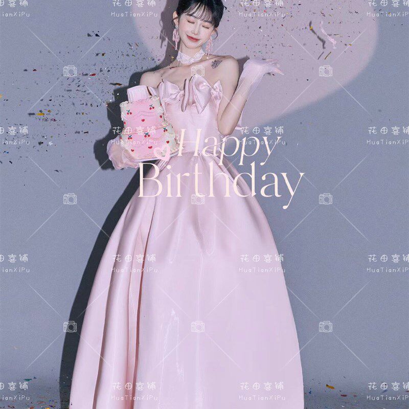 照相馆主题服装新款轻婚纱礼服仪式感生日拍照摄影写真婚纱照粉色