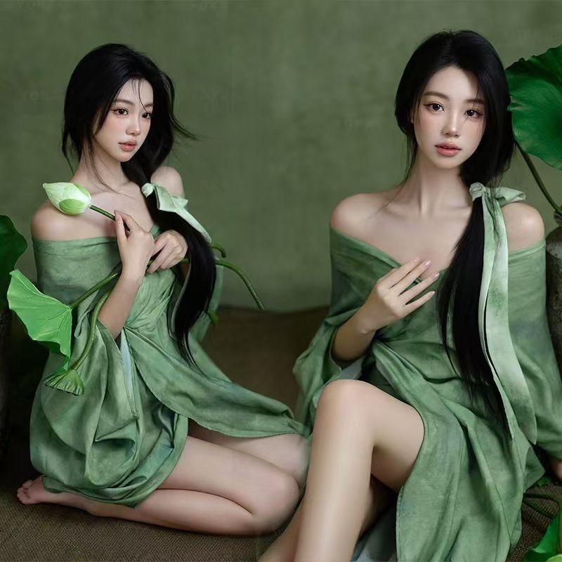 照相馆新款新中式国风禅意紮染绿色印花裙个人写真艺术照摄影拍照