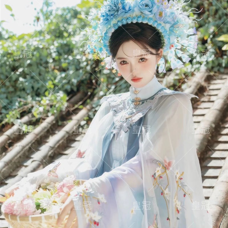 泉州簪花服装浔浦女蓝色玉蝴蝶明制汉服套装少女旅拍摄影写真服饰