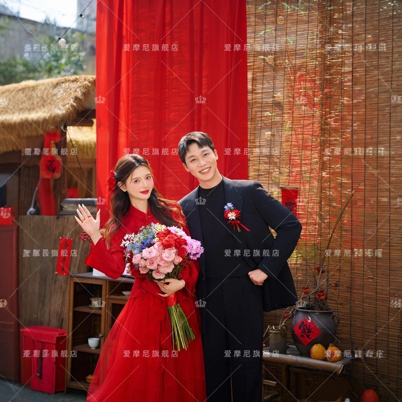 新中式复古晨袍新娘敬酒服结婚订婚礼服红色喜嫁影楼拍照主题服装