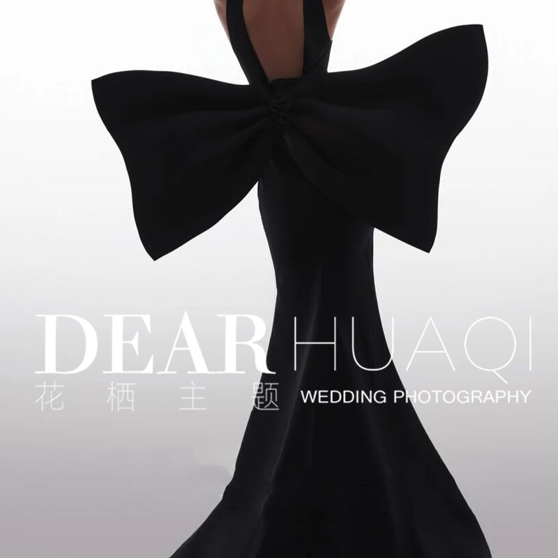 时尚复古收腰鱼尾深V黑色缎面拍照礼服 影楼婚纱情侣主题摄影服装