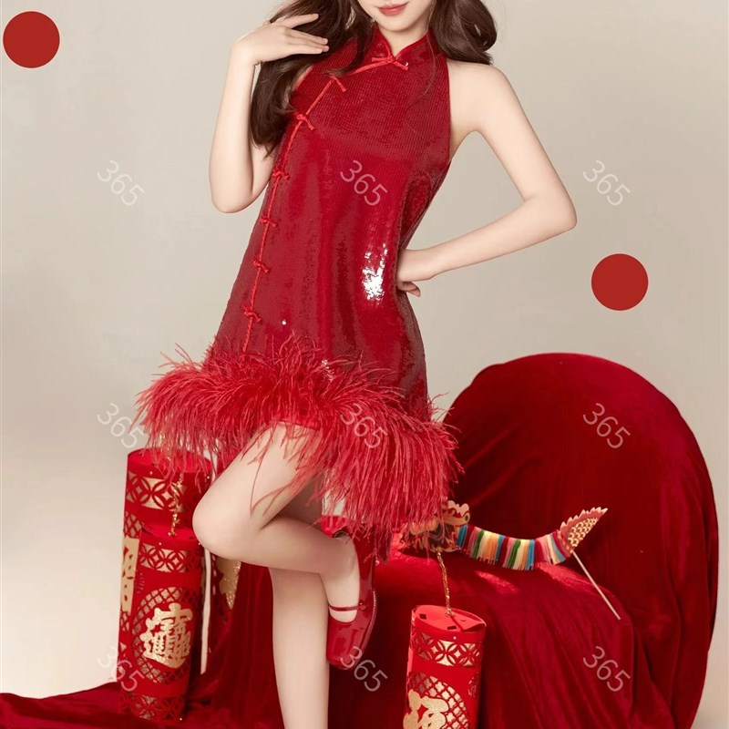 龙年主题拍照新年国潮复古写真服装中国风亮片旗袍艺术照摄影服饰