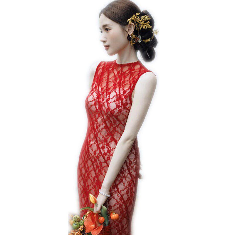 影楼新中式晨袍女高级红色复古无袖蕾丝裙新娘订婚拍照礼服敬酒服