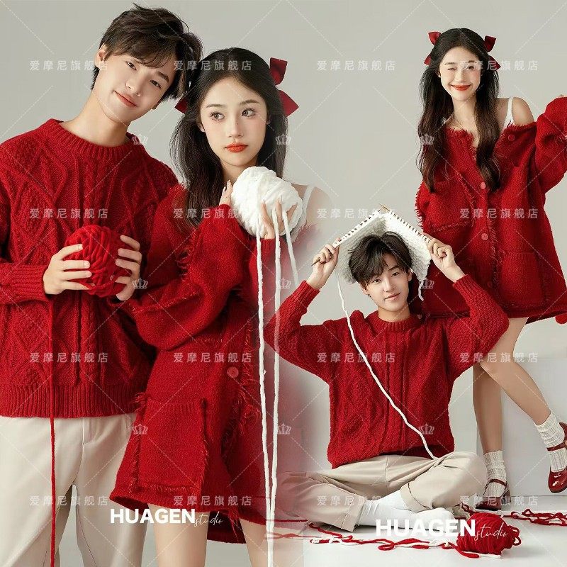 影楼新款情侣圣诞主题拍照服装秋冬红色新年慵懒风毛衣艺术照服装,男装,其他民族服装,淘宝优惠券,粉丝福利购,淘宝优惠卷