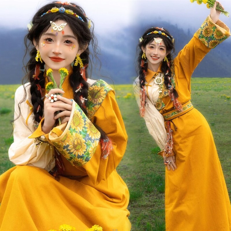 藏族服装女新款照相馆藏袍黄色改良民族风西藏服云南旅拍照写真服