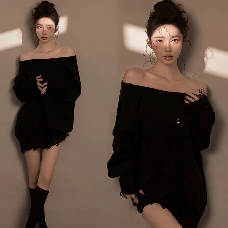 照相馆新款个人高级感时尚纯欲风黑色毛衣简约光影少女写真照摄影