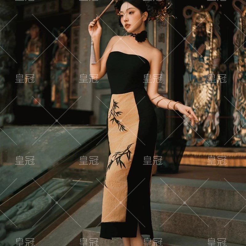泉州簪花新中式复古中国风水墨画旗袍照相馆清冷感少女艺术写真服