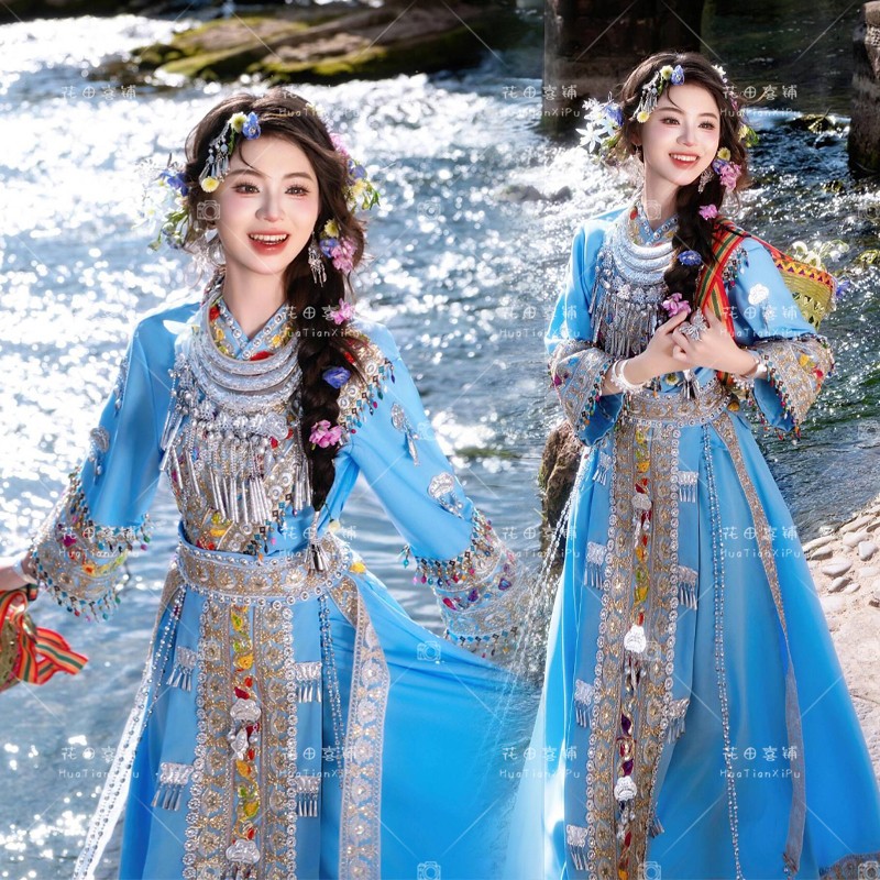新款苗族服装女蓝色套装少数民族风苗疆少女旅拍摄影民族风舞蹈服