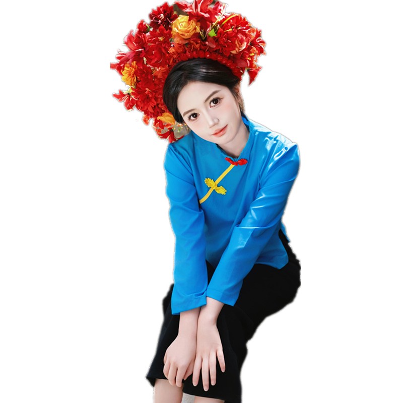影楼簪花新中式国风女装盘扣民族风蓝色上衣绝美别致漂亮小衫洋气