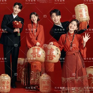 影楼新中式主题喜嫁风情侣复古红色马面裙敬酒服订婚拍照礼服新款